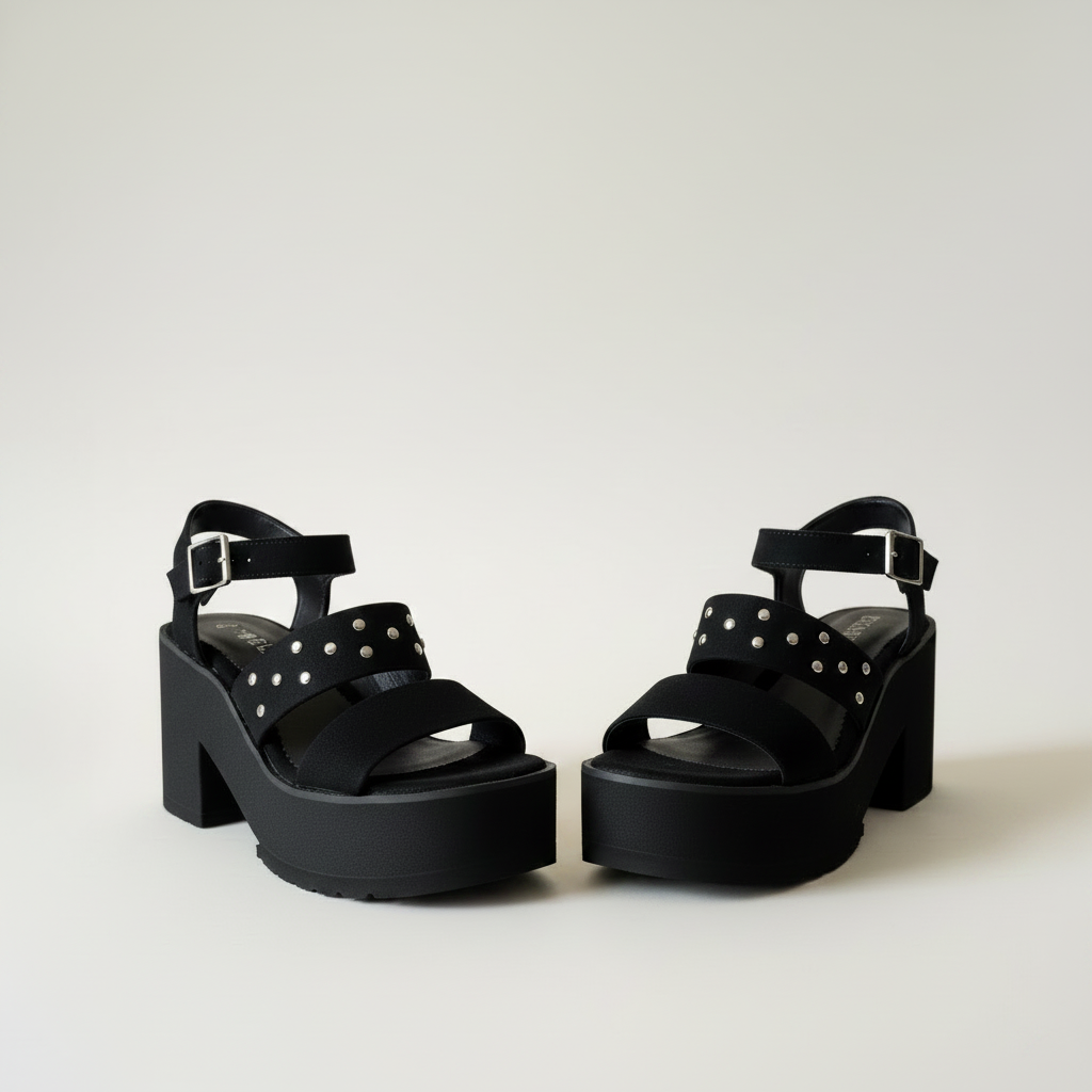 Sandalia Femenina Con Plataforma Con Tachas Y Hebilla
