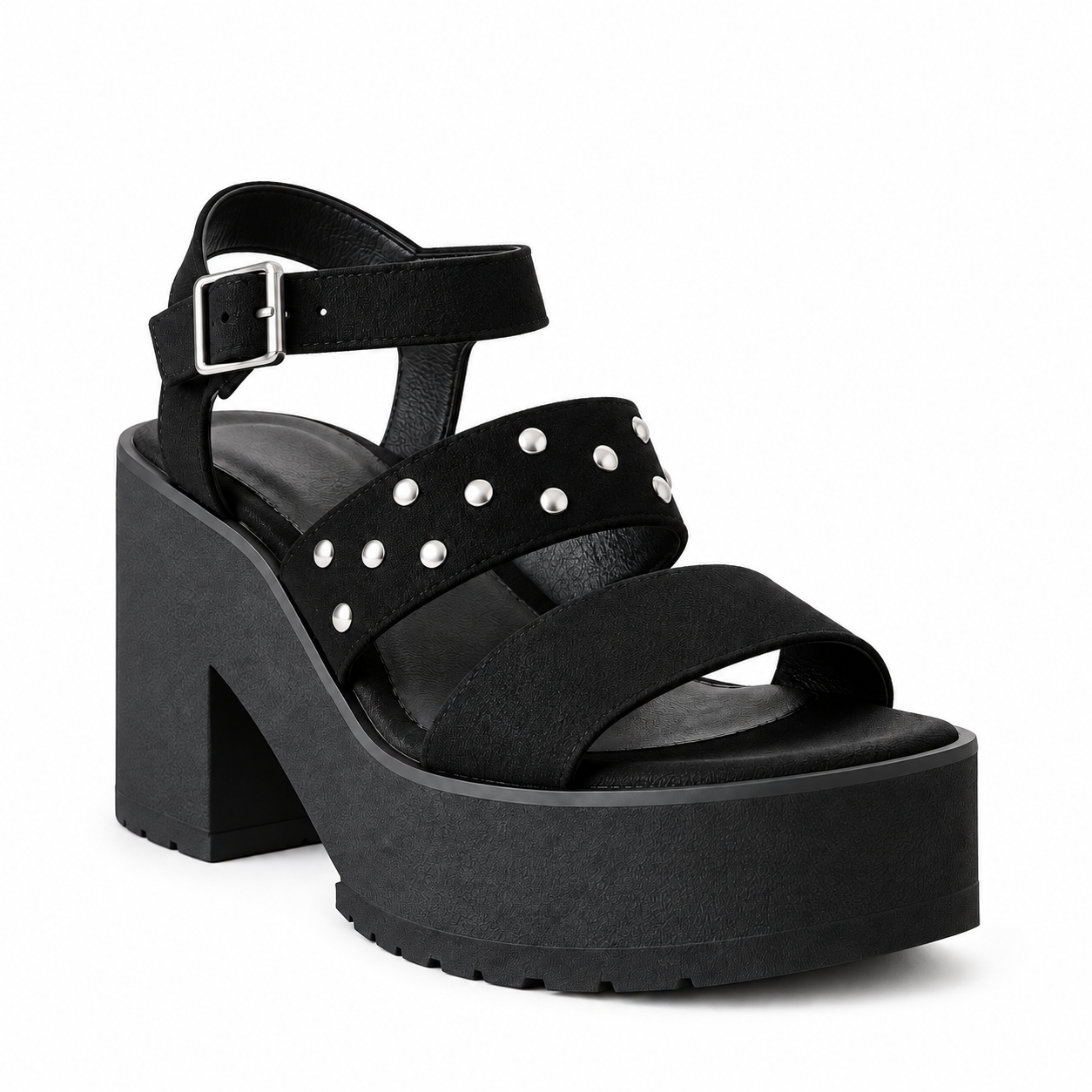 Sandalia Femenina Con Plataforma Con Tachas Y Hebilla