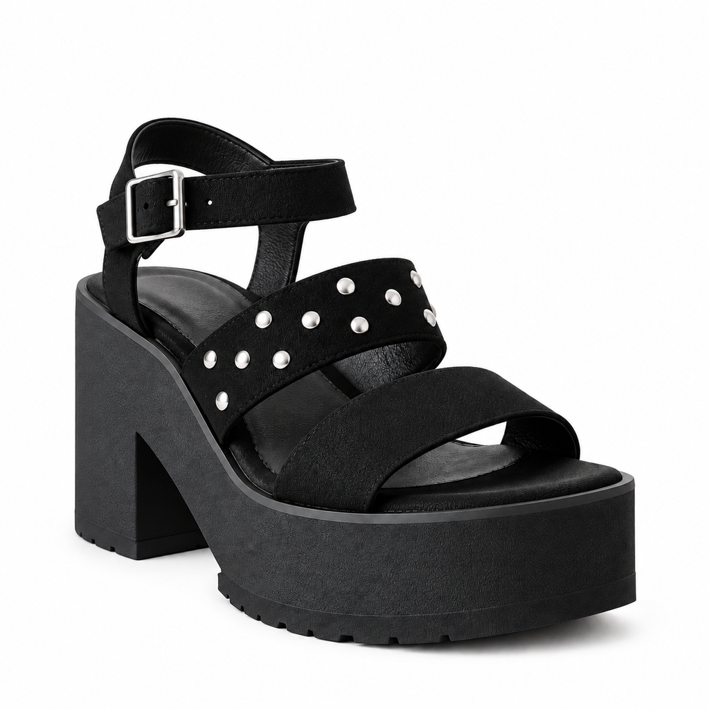 Sandalia Femenina Con Plataforma Con Tachas Y Hebilla