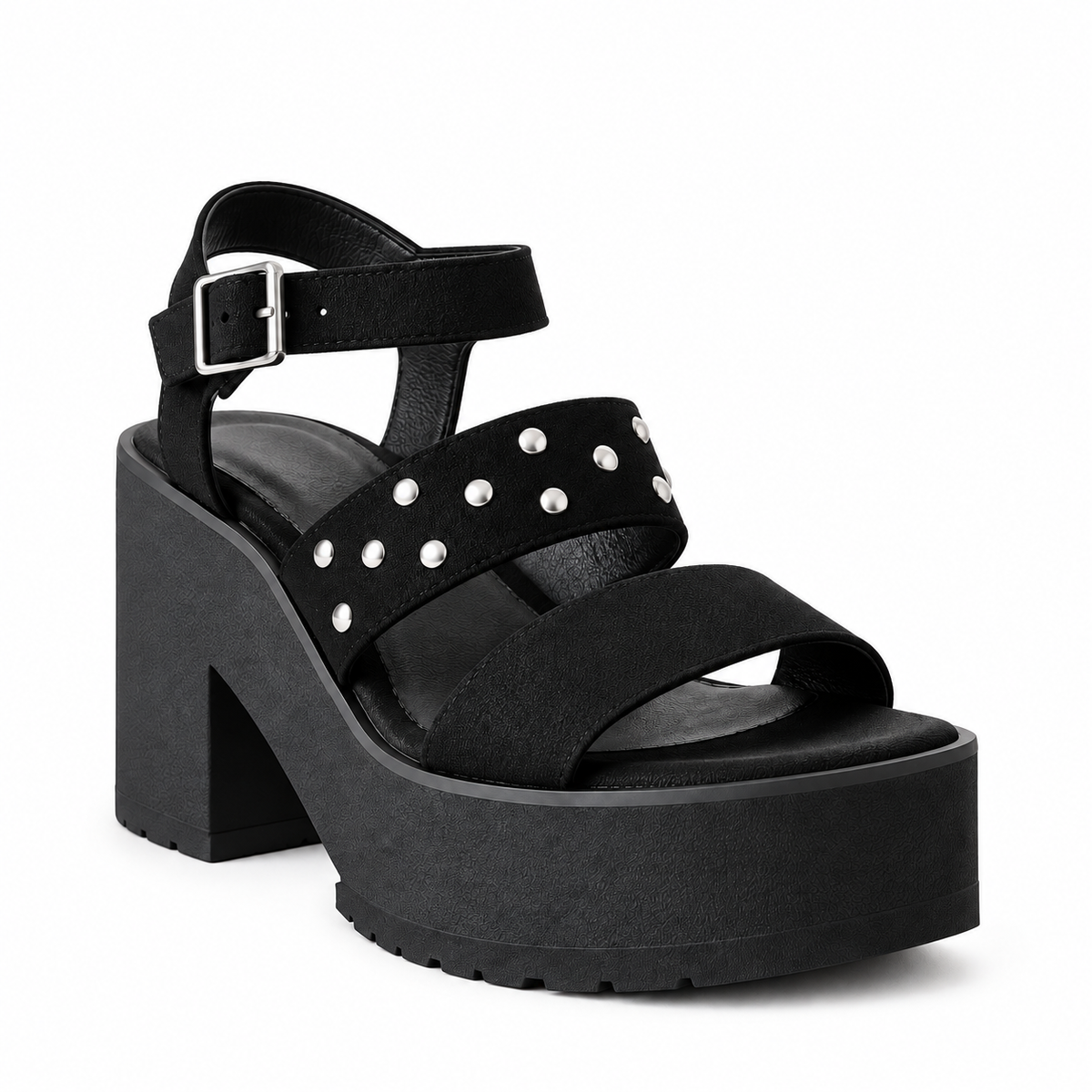 Sandalia Femenina Con Plataforma Con Tachas Y Hebilla