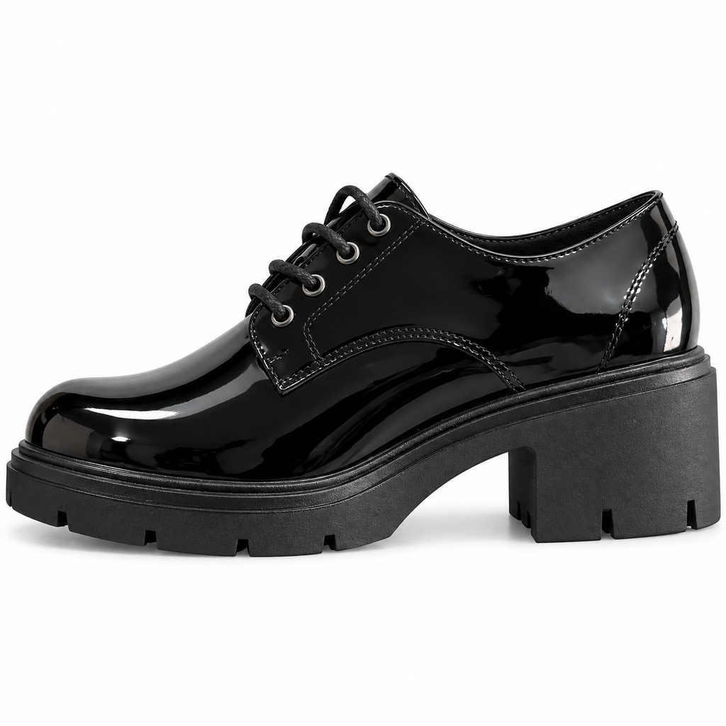 Zapato Oxford Mujer Negro Charol con Taco y Suela Track