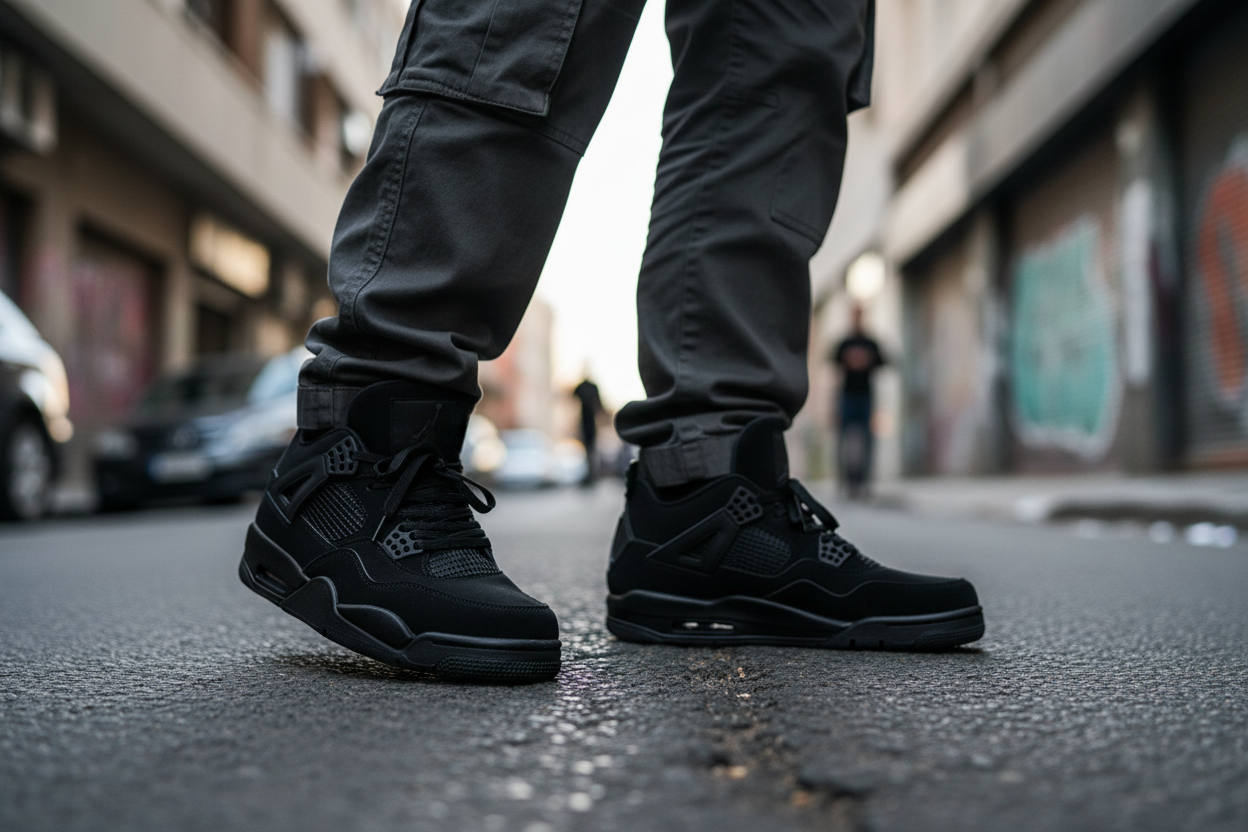 Enfocada en las zapatillas negras